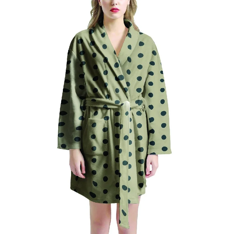 Cream And Black Polka Dot Print Women's Robe Night Gown Robe