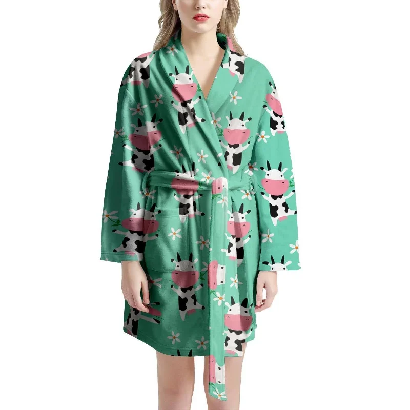 Cute Cow Floral Print Women's Robe