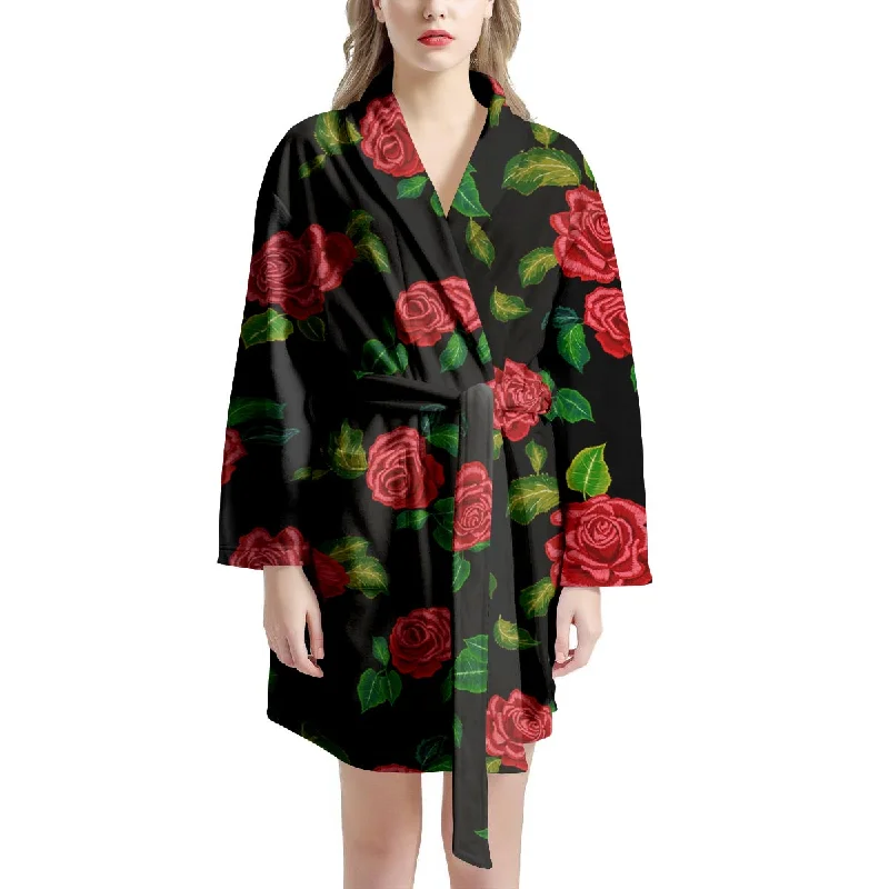 Embroidery Red Rose Floral Print Women's Robe Romantic Lace Set