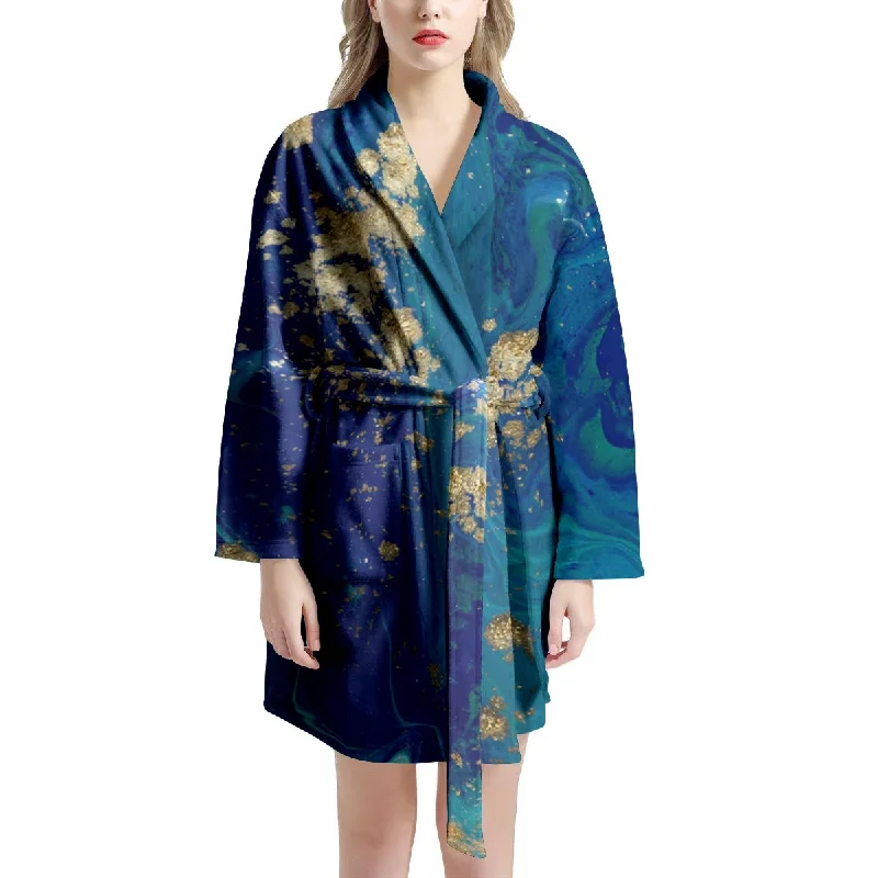 Gold Sapphire Marble Women's Robe Comfy Robe Gown