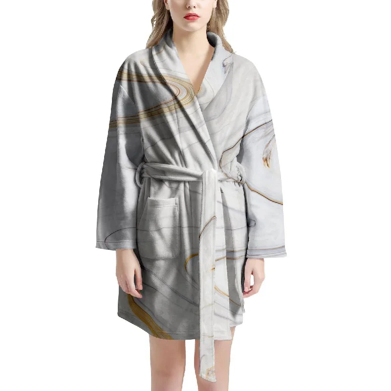 Gold White Marble Women's Robe Luxury Satin Gown