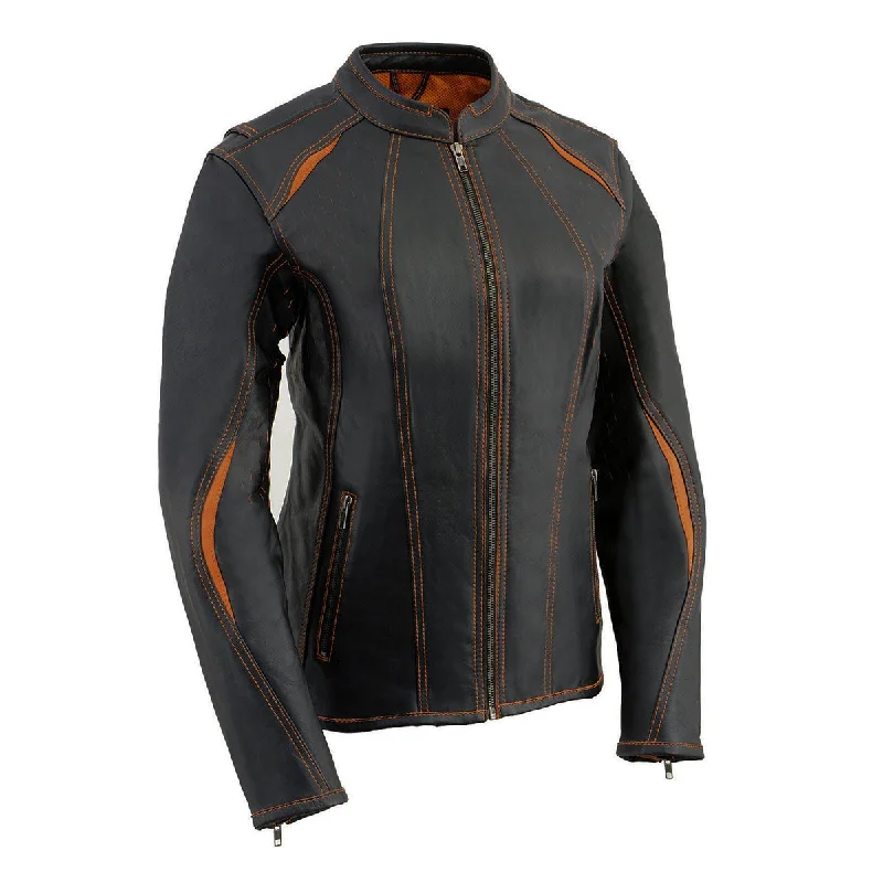 Milwaukee Leather MLL2502 Women's 'Laser Cut' Distressed Black and Orange Scuba Style Racer Jacket Women's polyester jackets Milwaukee Leather MLL2502 Women's 'Laser Cut' Distressed Black and Orange Scuba Style Racer Jacket Women's polyester jackets