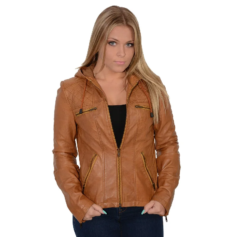 Milwaukee Leather SFL2810 Women's Cognac Scuba Style Fashion Leather Jacket with Drawstring and Hoodie Women's lightweight jackets Milwaukee Leather SFL2810 Women's Cognac Scuba Style Fashion Leather Jacket with Drawstring and Hoodie Women's lightweight jackets