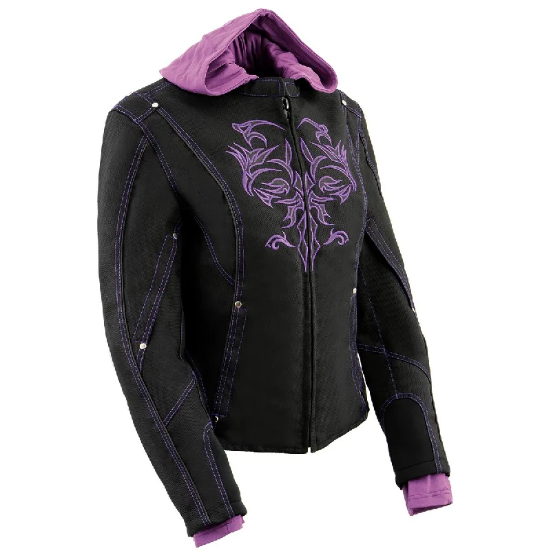 Milwaukee Leather MPL1967 Women's 3/4 Hooded Black and Purple Textile Jacket with Reflective Tribal Detail Women's wool jackets Milwaukee Leather MPL1967 Women's 3/4 Hooded Black and Purple Textile Jacket with Reflective Tribal Detail Women's wool jackets