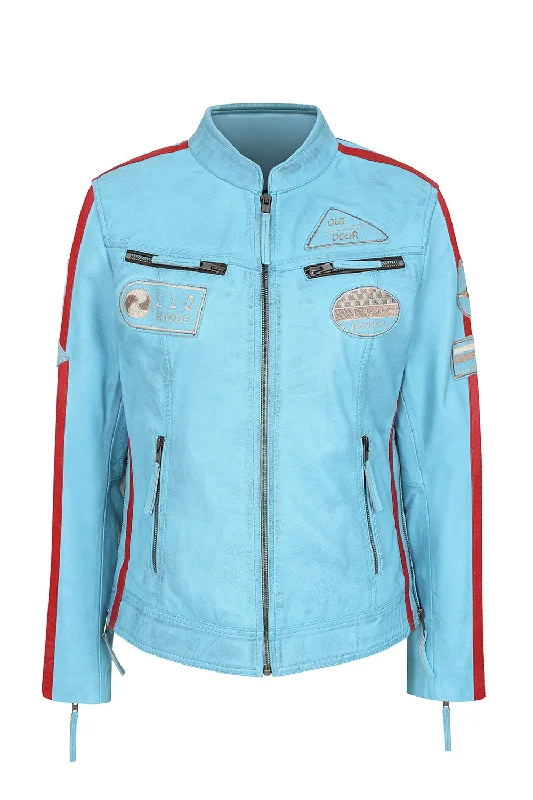Women's Aqua Blue Racing Style Leather Jacket with Red Stripes - FRANCIS Women's mid-range jackets Women's Aqua Blue Racing Style Leather Jacket with Red Stripes - FRANCIS Women's mid-range jackets
