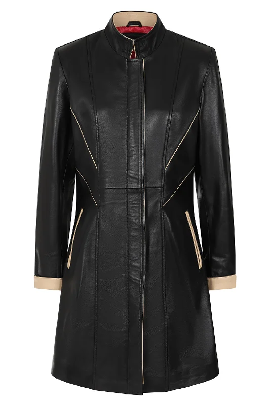 Women's Classic Black with Cream Real Leather Jacket - SANDRA Women's best-selling jackets