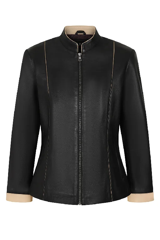 Women's Classic Black with Cream Real Leather Jacket - SARAH Women's eco-friendly jackets
