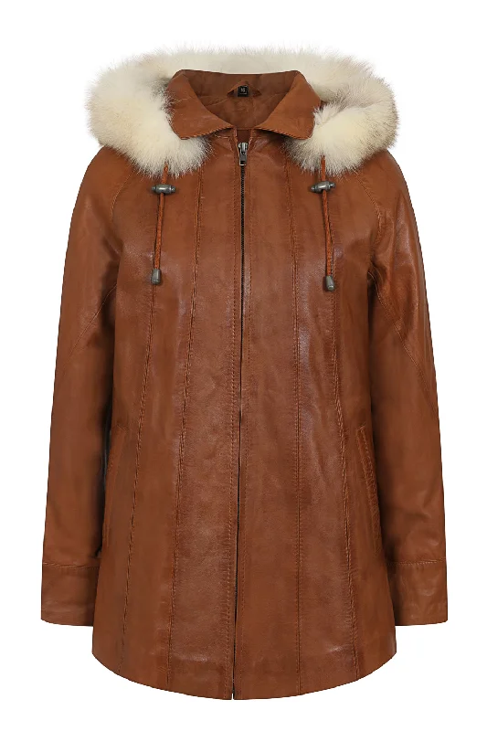 Women's Quality Tan Leather Hip Length Coat with Fur Trimmed Detachable Hood - 'CARLA' Women's leather jackets Women's Quality Tan Leather Hip Length Coat with Fur Trimmed Detachable Hood - 'CARLA' Women's leather jackets