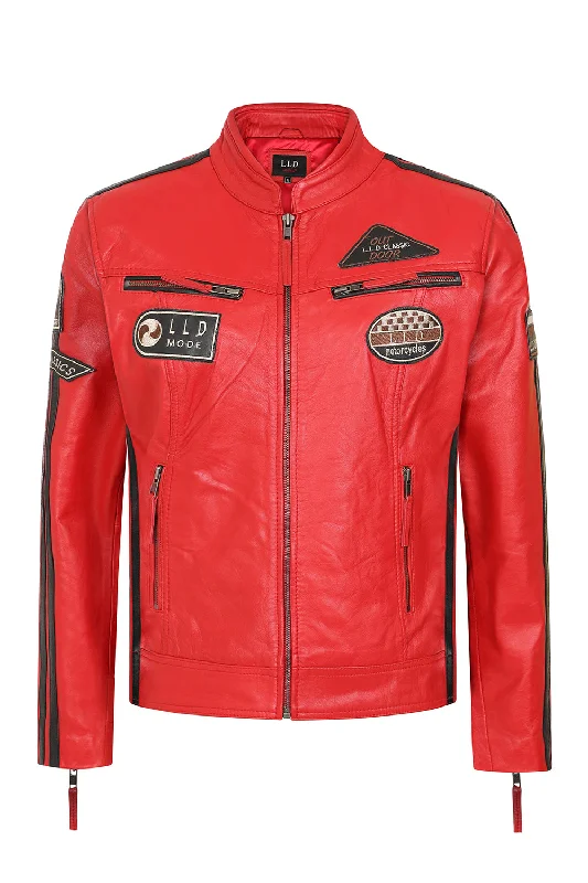 Women's Red Racing Style Leather Jacket with Black Stripes - FRANCIS Women's stylish jackets Women's Red Racing Style Leather Jacket with Black Stripes - FRANCIS Women's stylish jackets