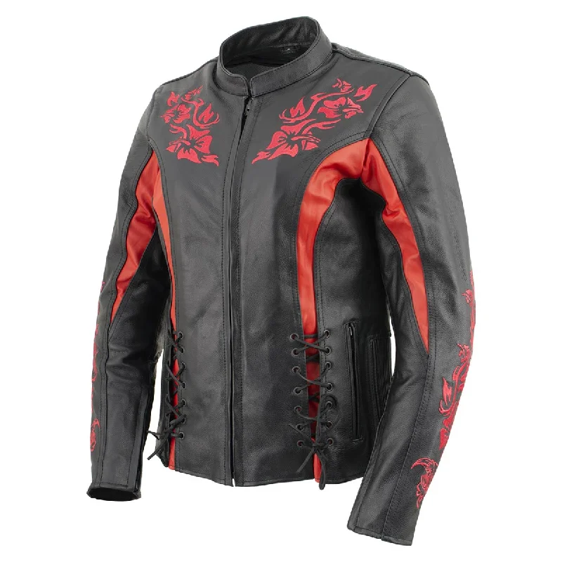 Xelement XS2029 Women's 'Gemma' Biker Black with Red Leather Embroidered Jacket with X-Armor Women's fashion jackets sale Xelement XS2029 Women's 'Gemma' Biker Black with Red Leather Embroidered Jacket with X-Armor Women's fashion jackets sale