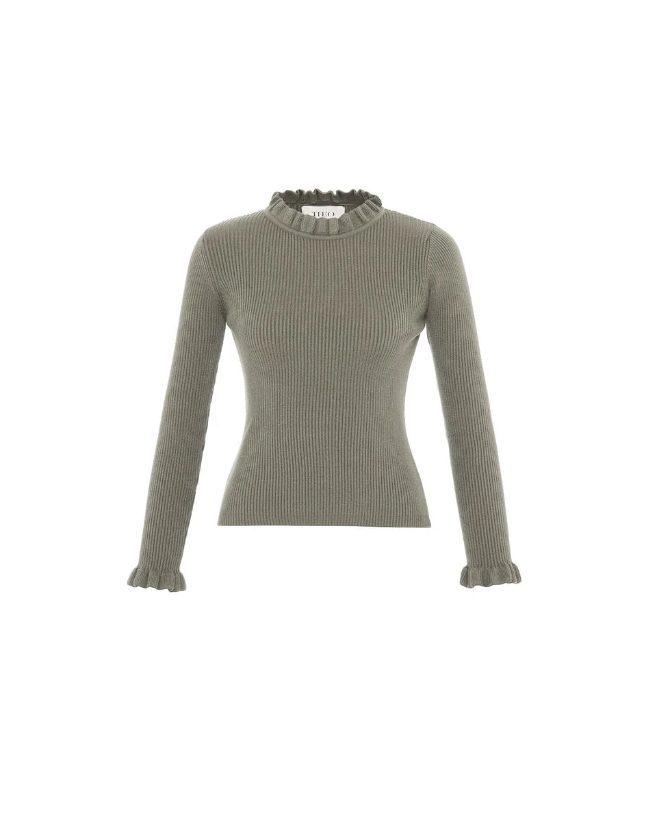 THEO Pallas Rib Knit Ruffle Neck Sweater Sustained Grey Cardigan sweaters