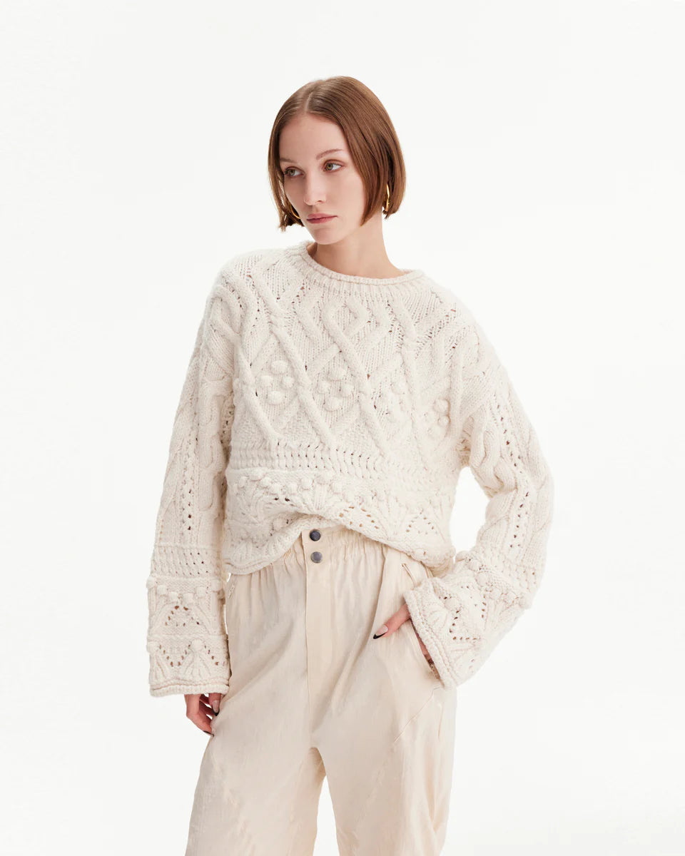 THEO Rhodos Fisherman Cable Pullover Ivory Turtleneck sweaters
