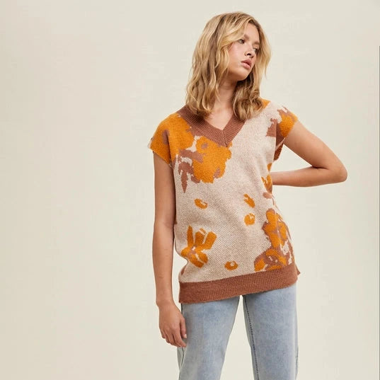 Women's Floral Watercolor Jacquard Sweater Vest in Taupe Clay Winter sweaters