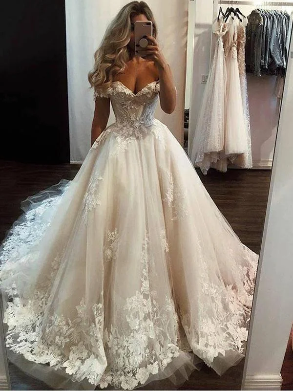 Luxury A-line Lace Off the Shoulder Vintage Long Wedding Dresses, WD0611 Beaded Bridal Gown
