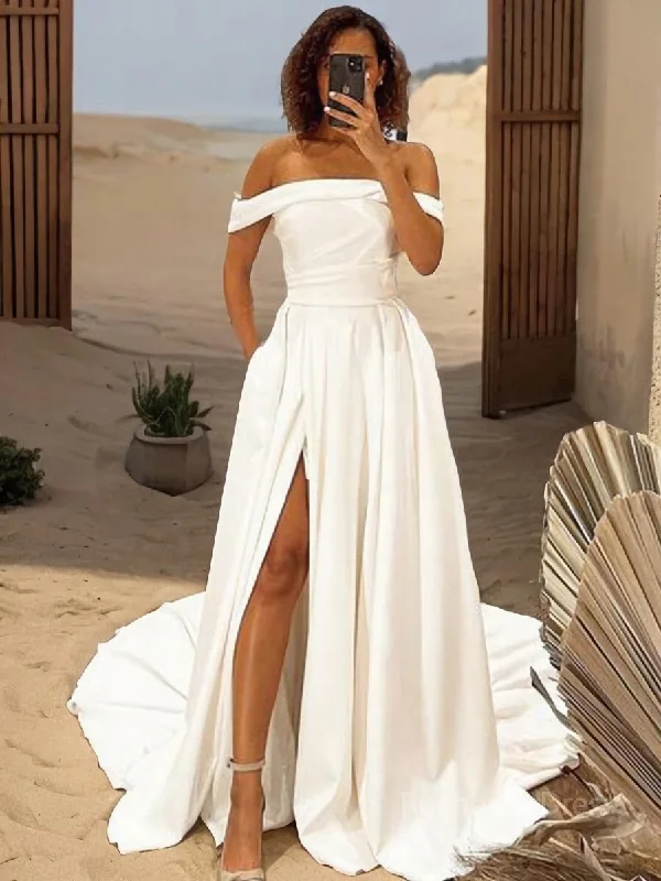 A-Line/Princess Off-the-Shoulder Sweep Train Satin Wedding Dresses With Leg Slit Vintage Wedding Gown
