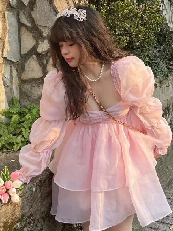 Thanksgiving Gift Sweet Summer Princess Women Dresses Ruffle Backless Puff Sleeves Mini Dresses Ladies Cute French Hepburn Pink Party Dress Sexy little black party dresses Thanksgiving Gift Sweet Summer Princess Women Dresses Ruffle Backless Puff Sleeves Mini Dresses Ladies Cute French Hepburn Pink Party Dress Sexy little black party dresses