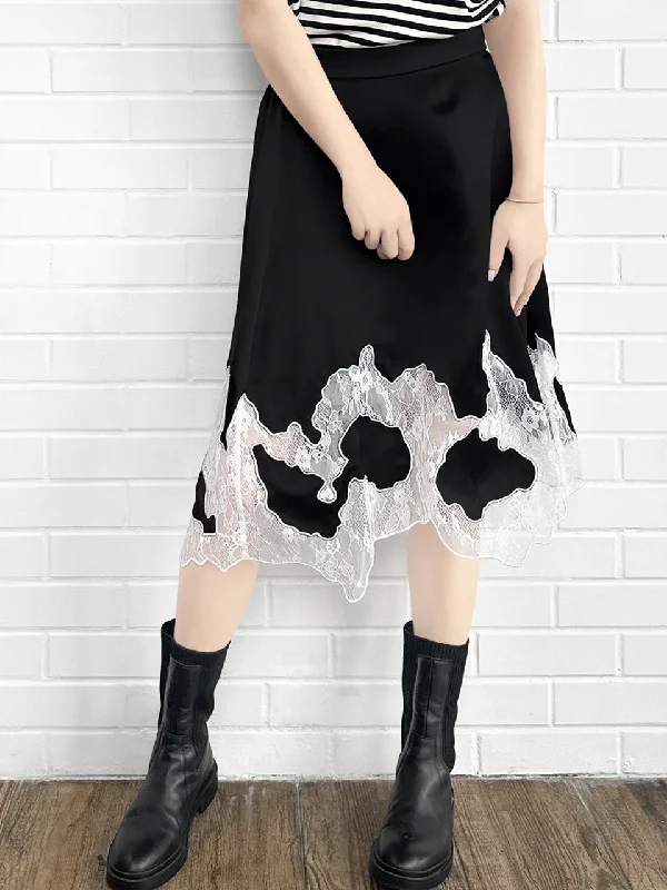 Black Silk Asymmetric Lace Trim Knee Length A-line Skirt Cotton unclassified skirts