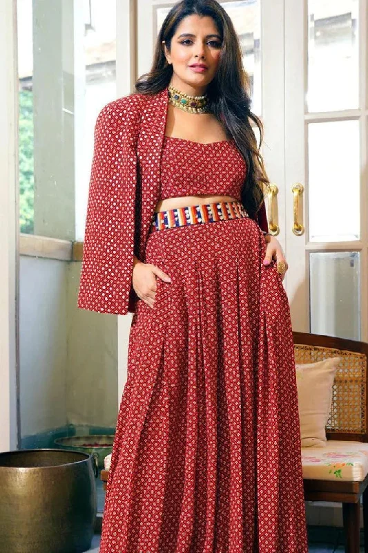 RED GEO PRINT BOX PLETAED PANTS WITH ARYA BUSTIER WITH RED GEO PRINT EMBELIIESHED NOOR JACKET RED GEO PRINT BOX PLETAED PANTS WITH ARYA BUSTIER WITH RED GEO PRINT EMBELIIESHED NOOR JACKET