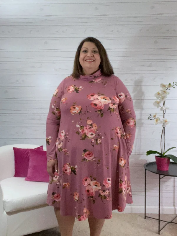 Jen pink floral long sleeve dress with pockets Stretchy floral dresses
