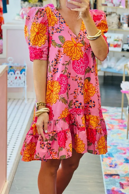 Bubble Sleeve V Neck Ruffled Mini Floral Dress Romantic floral dresses