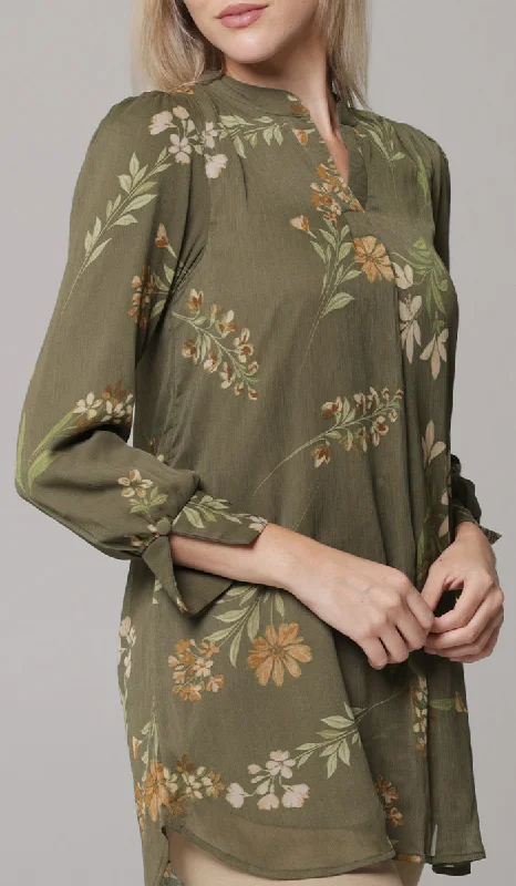 Shaina Long Chiffon Print Modest Top - Olive Ruffled floral dresses