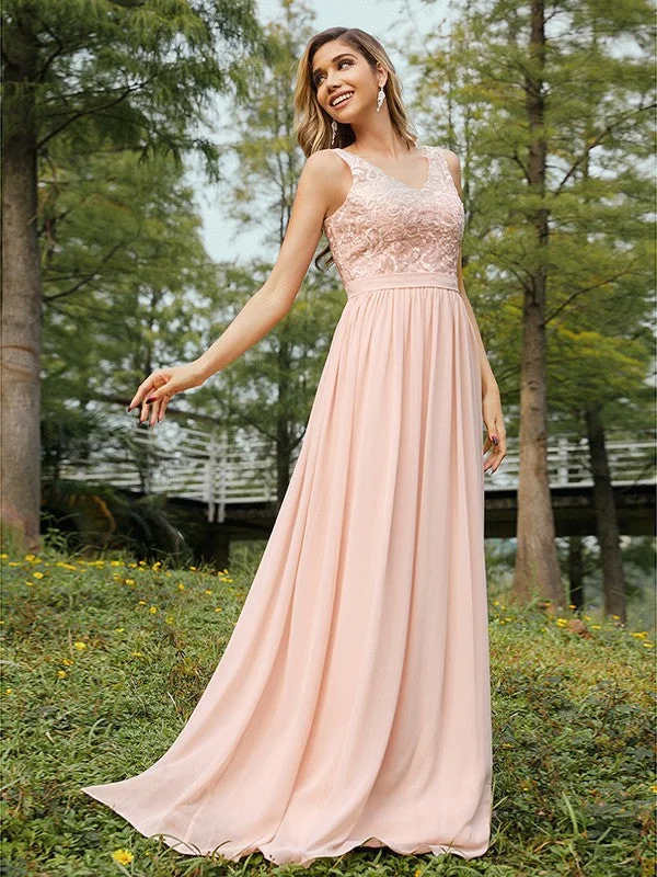 A-Line/Princess Chiffon Lace V-neck Sleeveless Floor-Length Bridesmaid Dresses Sexy Lace Dress