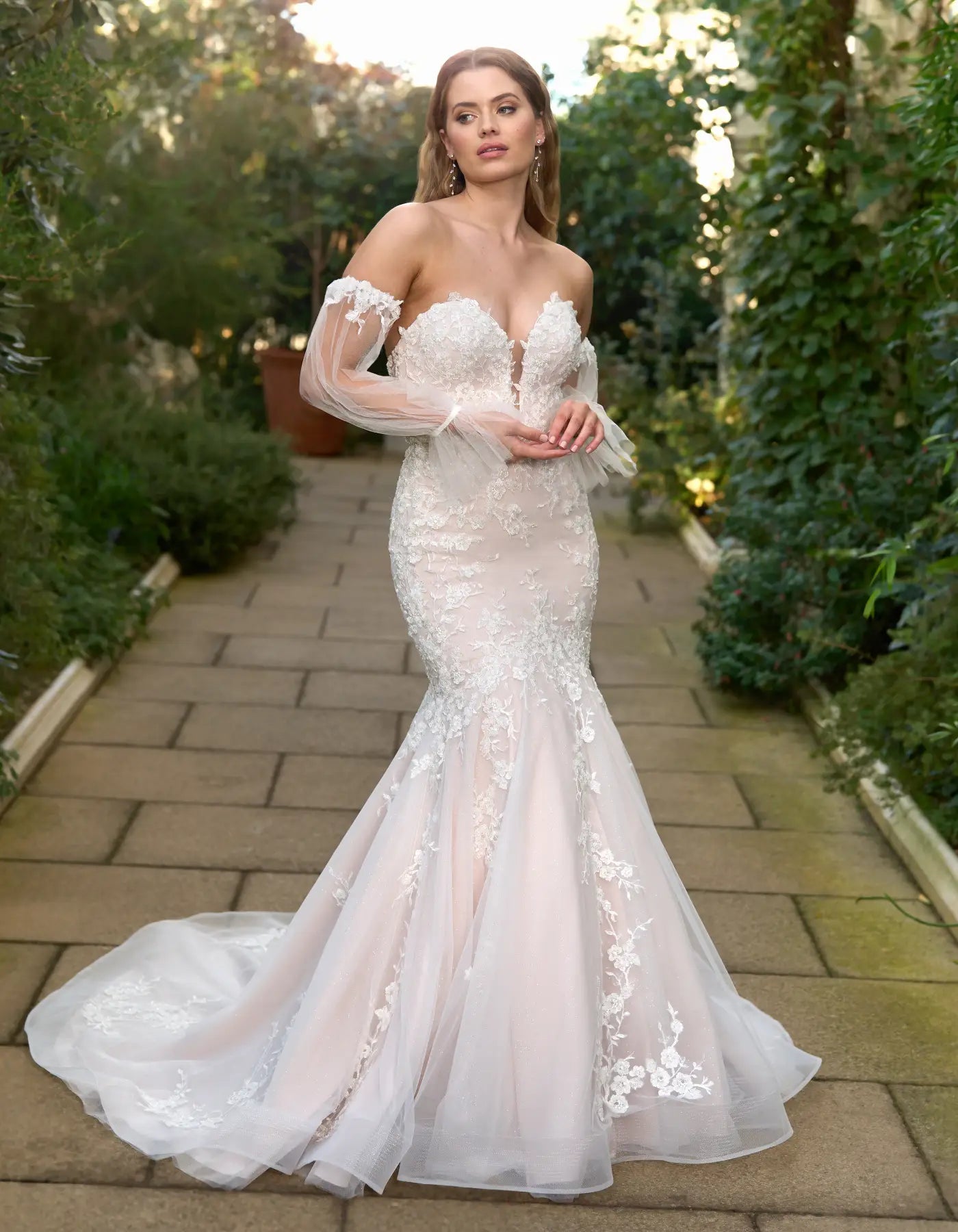DingJiDress a beaded lace mermaid with seperate sleeves Sexy Lace Gown