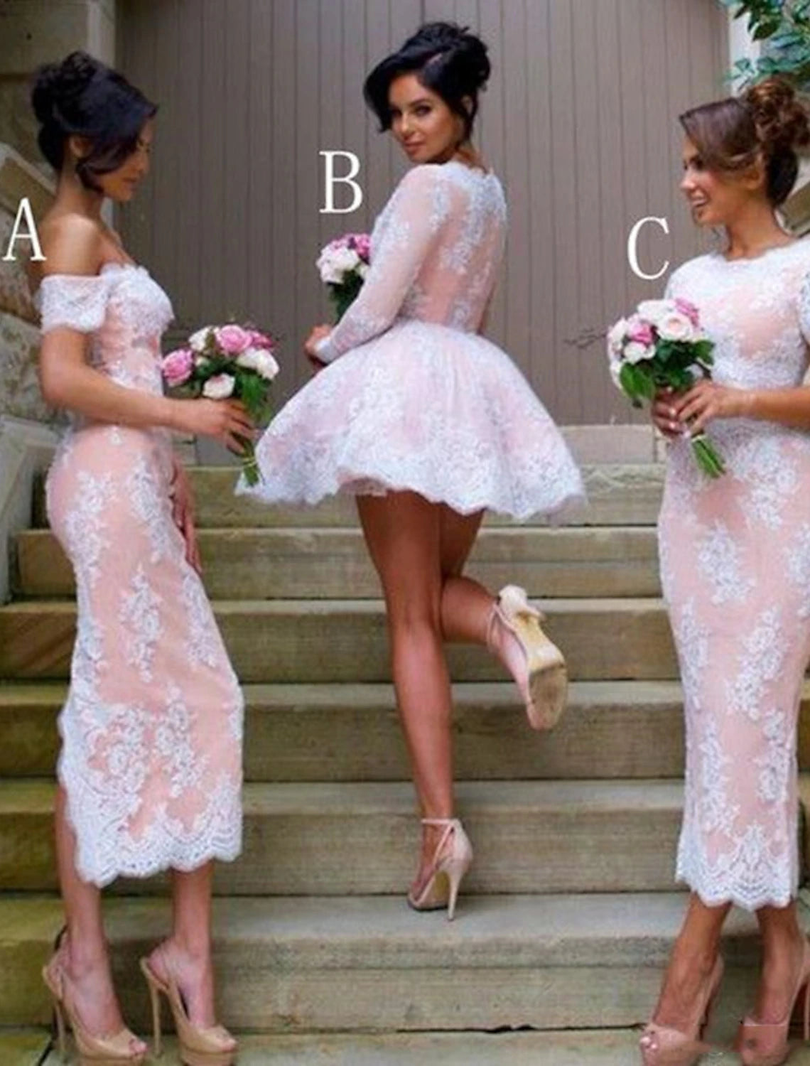 Mermaid / Trumpet Bridesmaid Dress Strapless Short Sleeve Elegant Tea Length Lace with Appliques Lace Dress Trendy