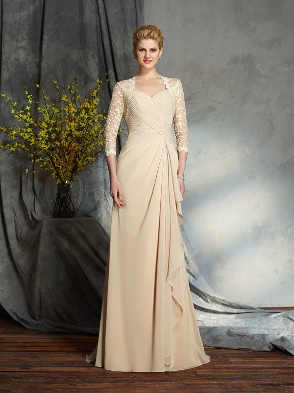 Mother of the Bride Dresses A-Line Sweetheart Lace 3/4 Sleeves Long Chiffon Lace Dress Layers