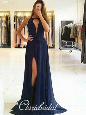 Simple Halter Lace Chiffon A-line Long Prom Dresses, Bridesmaid Dresses Lace Bridesmaid Gown