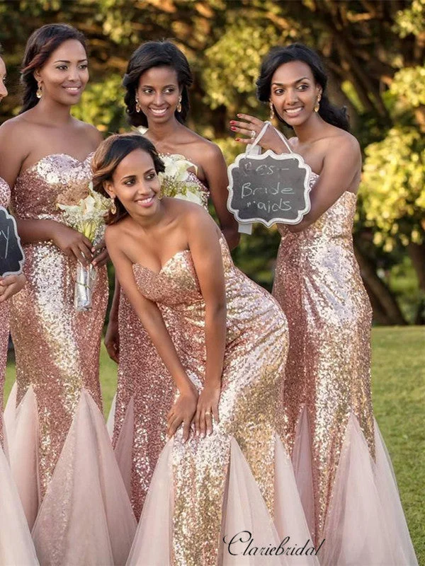 Strapless Sequins Bridesmaid Dresses, Mermaid Sequins Bridesmaid Dresses Glam Sequin Dress